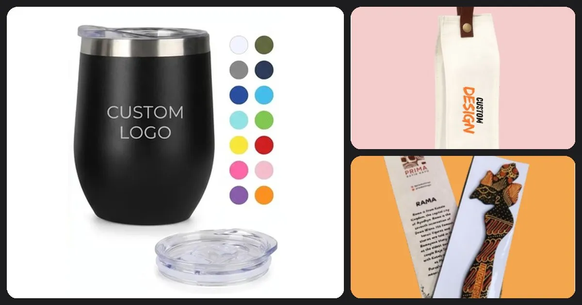 Collage of a custom logo mug, a white bottle bag, and a wayang bookmark