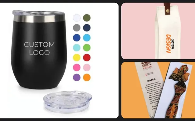 Kolase mug custom logo, tas botol putih, dan pembatas buku motif wayang
