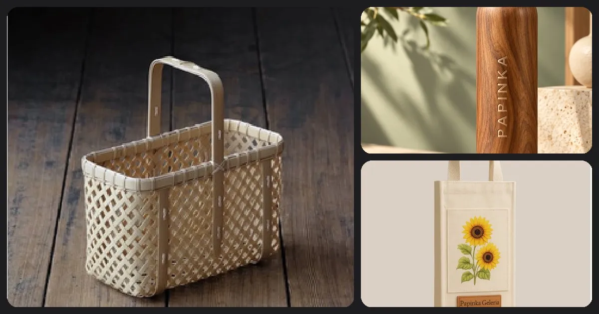 Kolase tas keranjang bambu, tumbler motif kayu, dan tas botol bersablon bunga