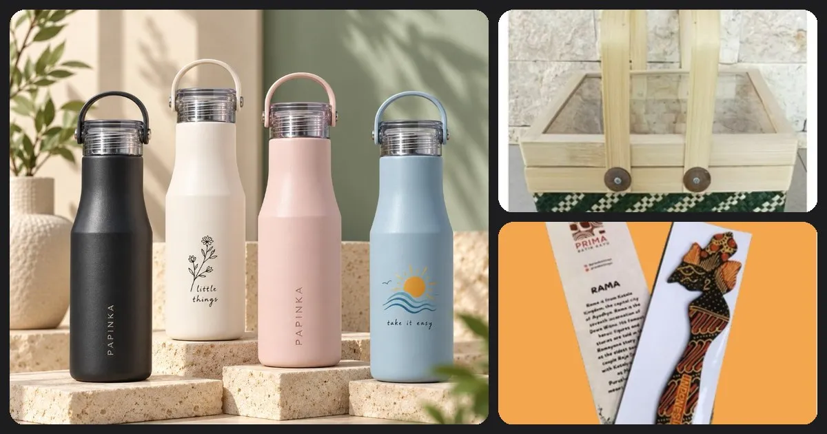 Kolase tumbler botol berbagai warna, rantang bambu, dan pembatas buku motif wayang