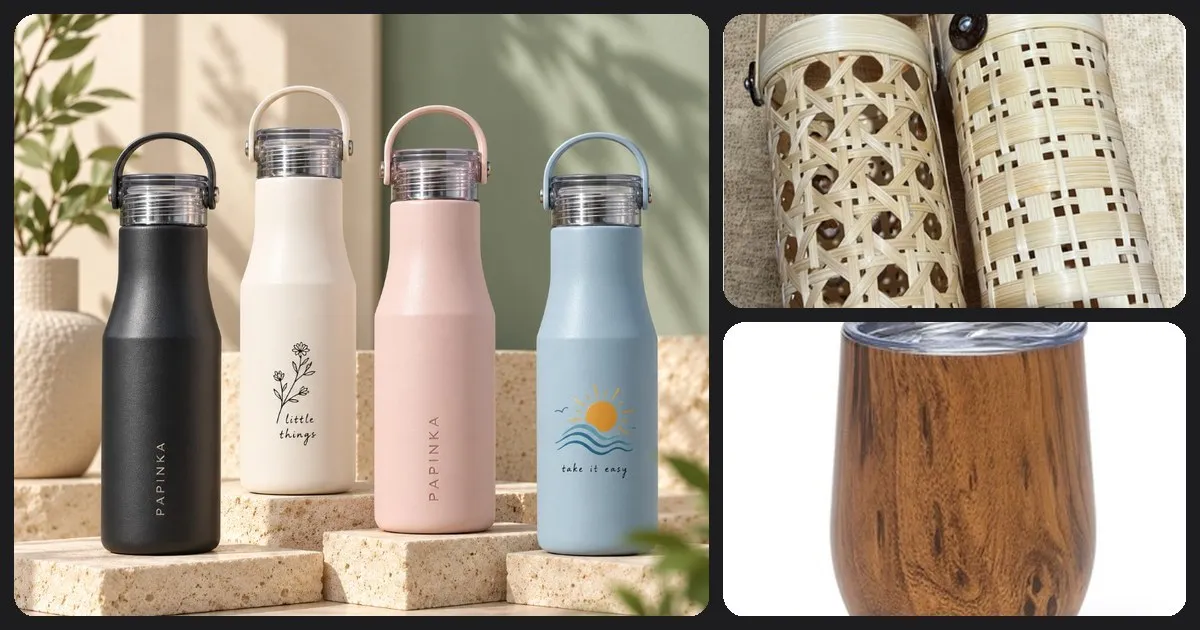 Kolase tumbler botol berbagai warna, wadah botol bambu, dan mug motif kayu