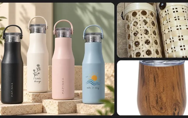Kolase tumbler botol berbagai warna, wadah botol bambu, dan mug motif kayu