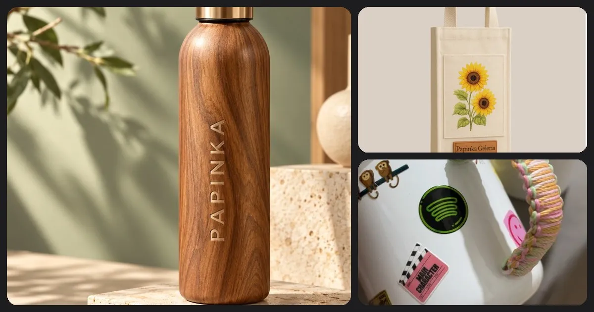 Collage of an engraved wood-pattern tumbler, a printed bottle bag, and a full-print mug
