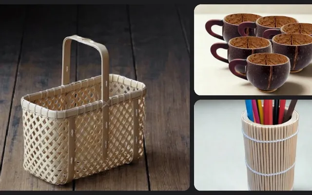 Kolase tas keranjang bambu, gelas batok kelapa, dan tempat pensil bambu