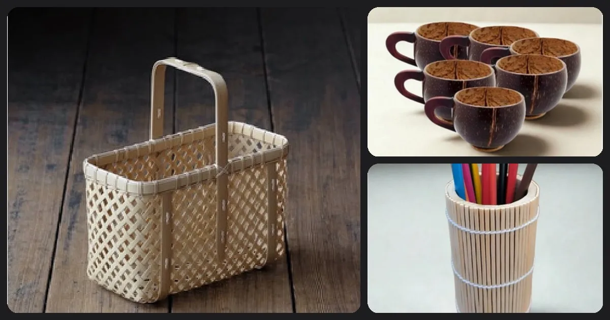 Collage of a bamboo basket bag, coconut shell cups, and a bamboo pencil holder