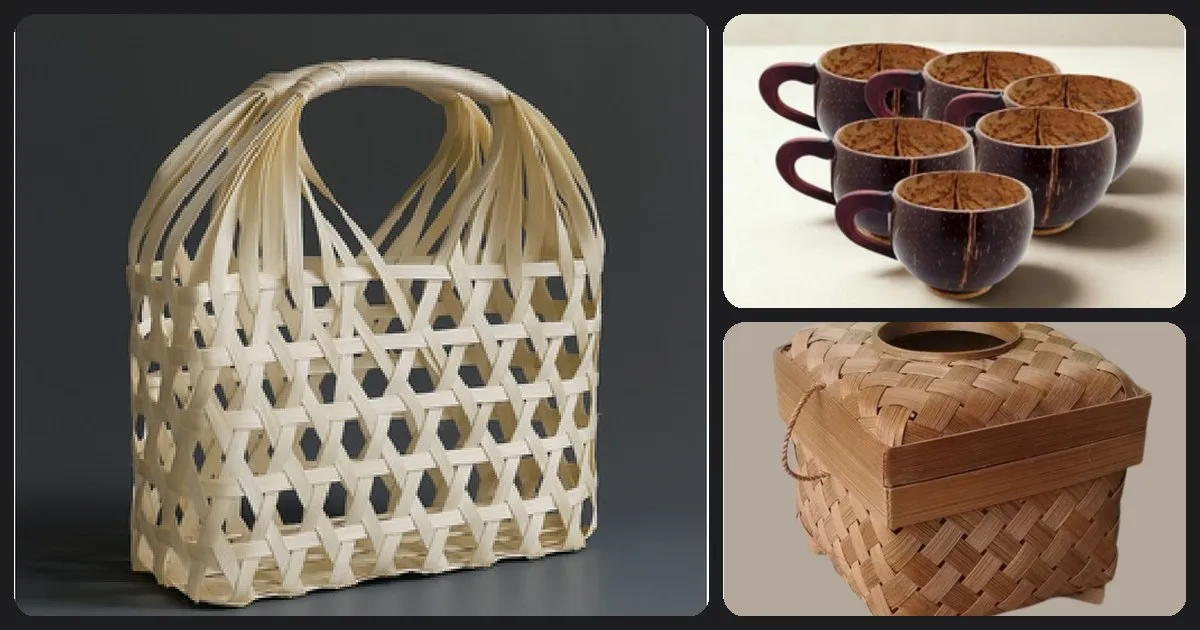 Collage of a bamboo tote basket, coconut shell cups, and a bamboo tissue box