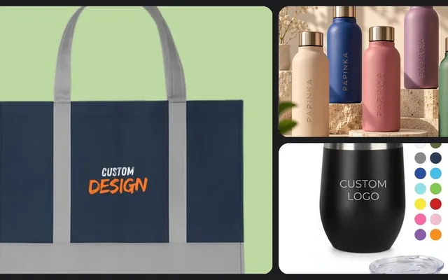 Kolase tas dokumen navy, tumbler botol logo, dan mug custom logo