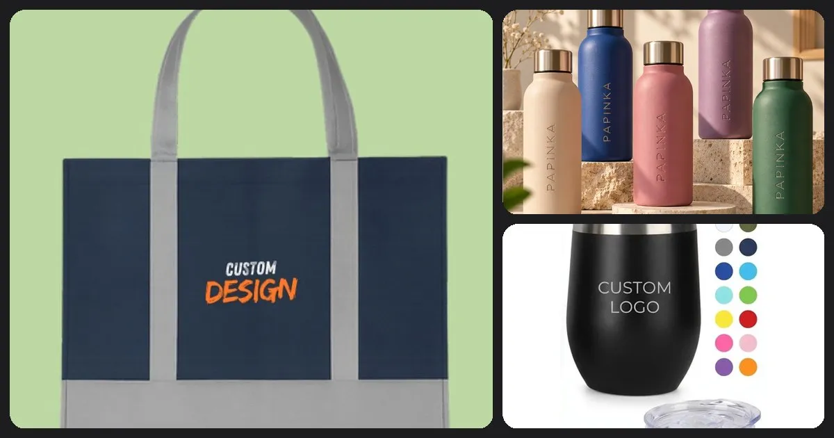 Kolase tas dokumen navy, tumbler botol logo, dan mug custom logo