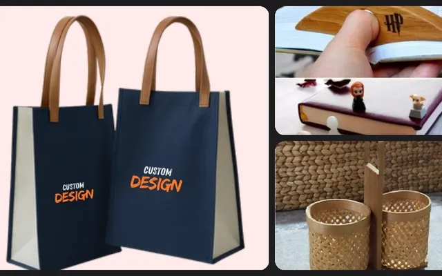 Kolase tas dokumen dua warna, pembatas buku kayu, dan tempat pensil bambu