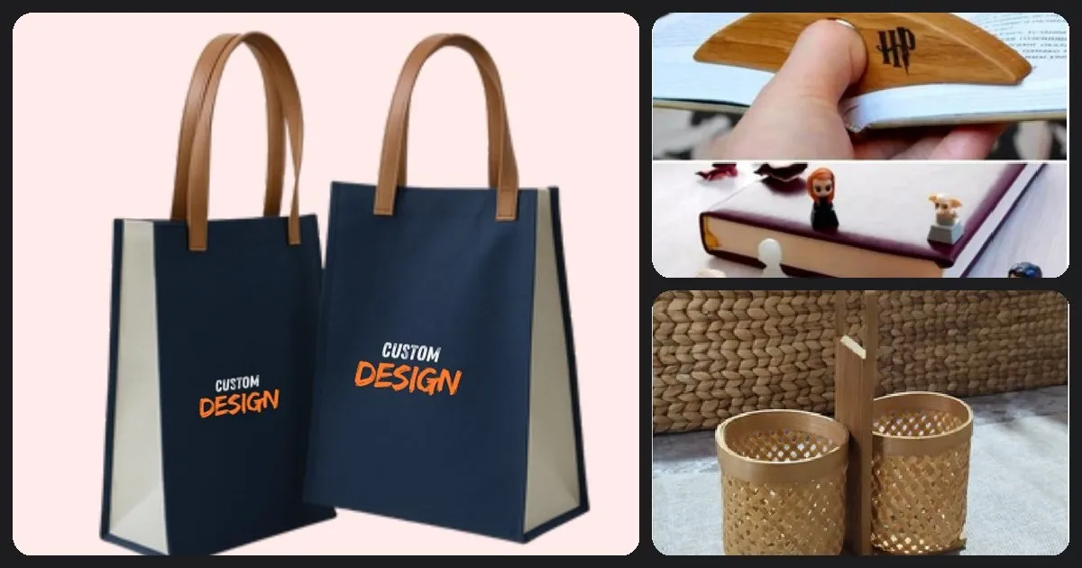 Kolase tas dokumen dua warna, pembatas buku kayu, dan tempat pensil bambu