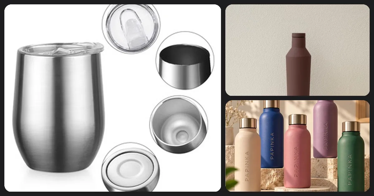 Collage of a silver stainless mug, a brown canteen tumbler, and colorful bottle tumblers