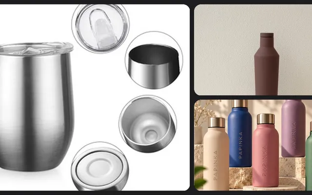 Kolase mug stainless silver, tumbler canteen cokelat, dan tumbler botol berwarna