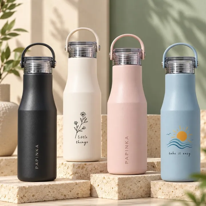 Empat tumbler botol warna hitam, putih, pink, dan biru dengan tutup bergagang