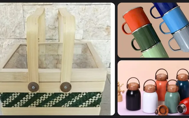Kolase rantang bambu, mug enamel warna, dan tumbler mini gagang kayu