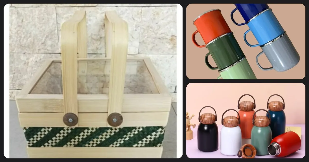 Kolase rantang bambu, mug enamel warna, dan tumbler mini gagang kayu